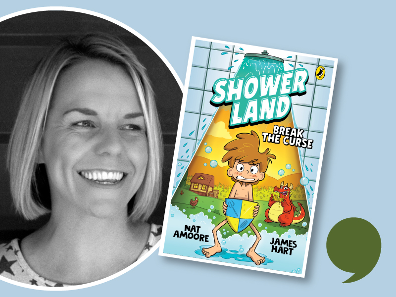 Headshot of Nat Amoore and her book Shower Land