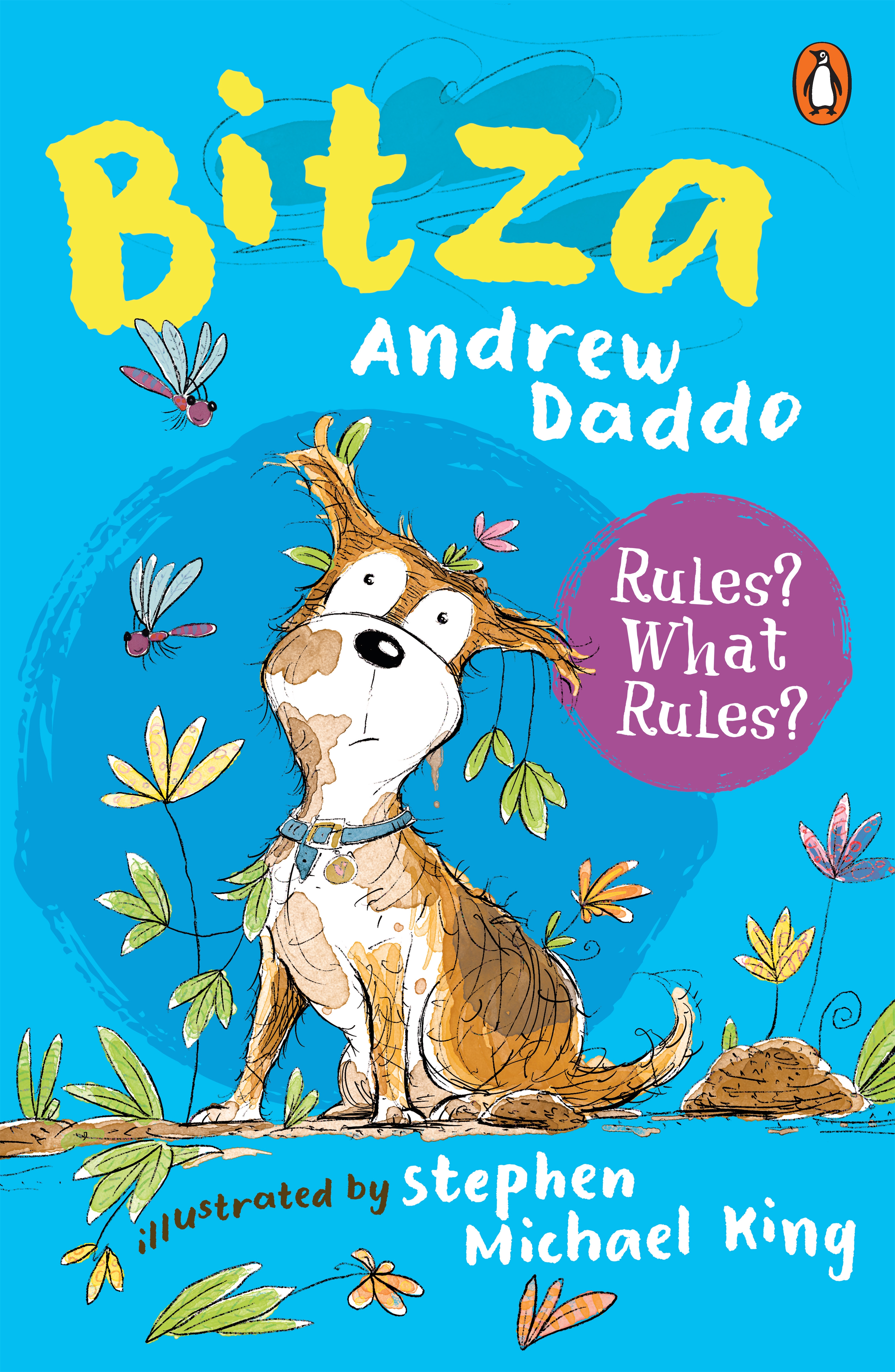 Book cover for "Bitza" by Andrew Daddo, featuring a colorful illustration of a person and dog in a scrap-built vehicle.
