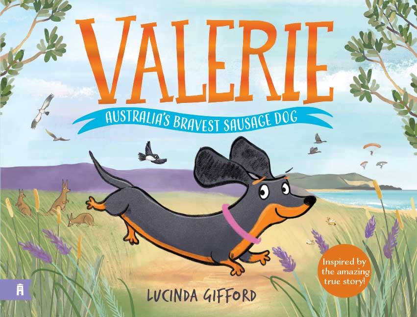 Book cover for "Valerie" by Lucinda Gifford, featuring a cartoon drawing of a dog running through grass and flowers with the sea in the background.