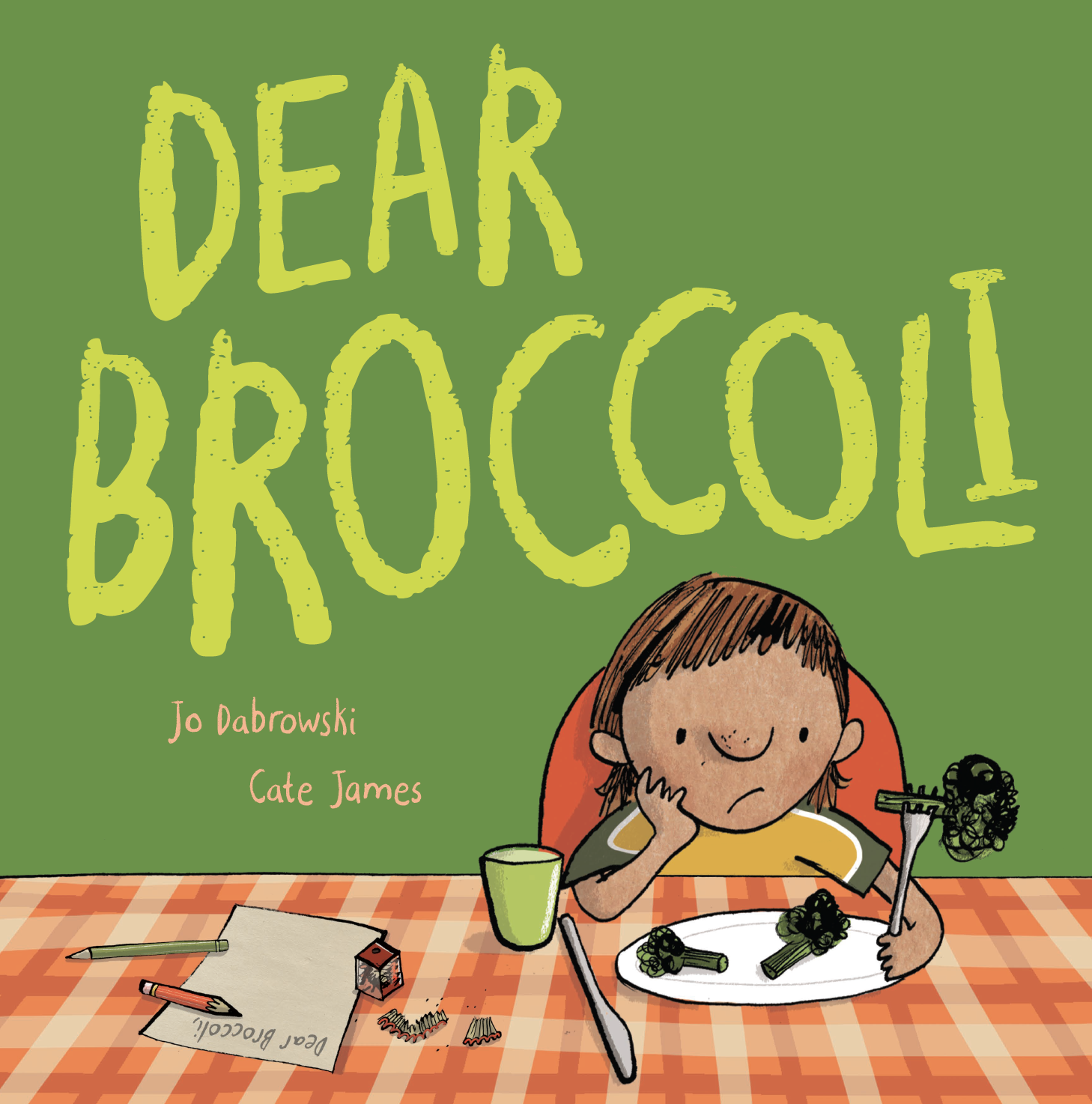 Book cover for "Dear Broccoli" by Jo Dabrowski featuring an illustrated child sitting at a table with a plate of broccoli in front of them.