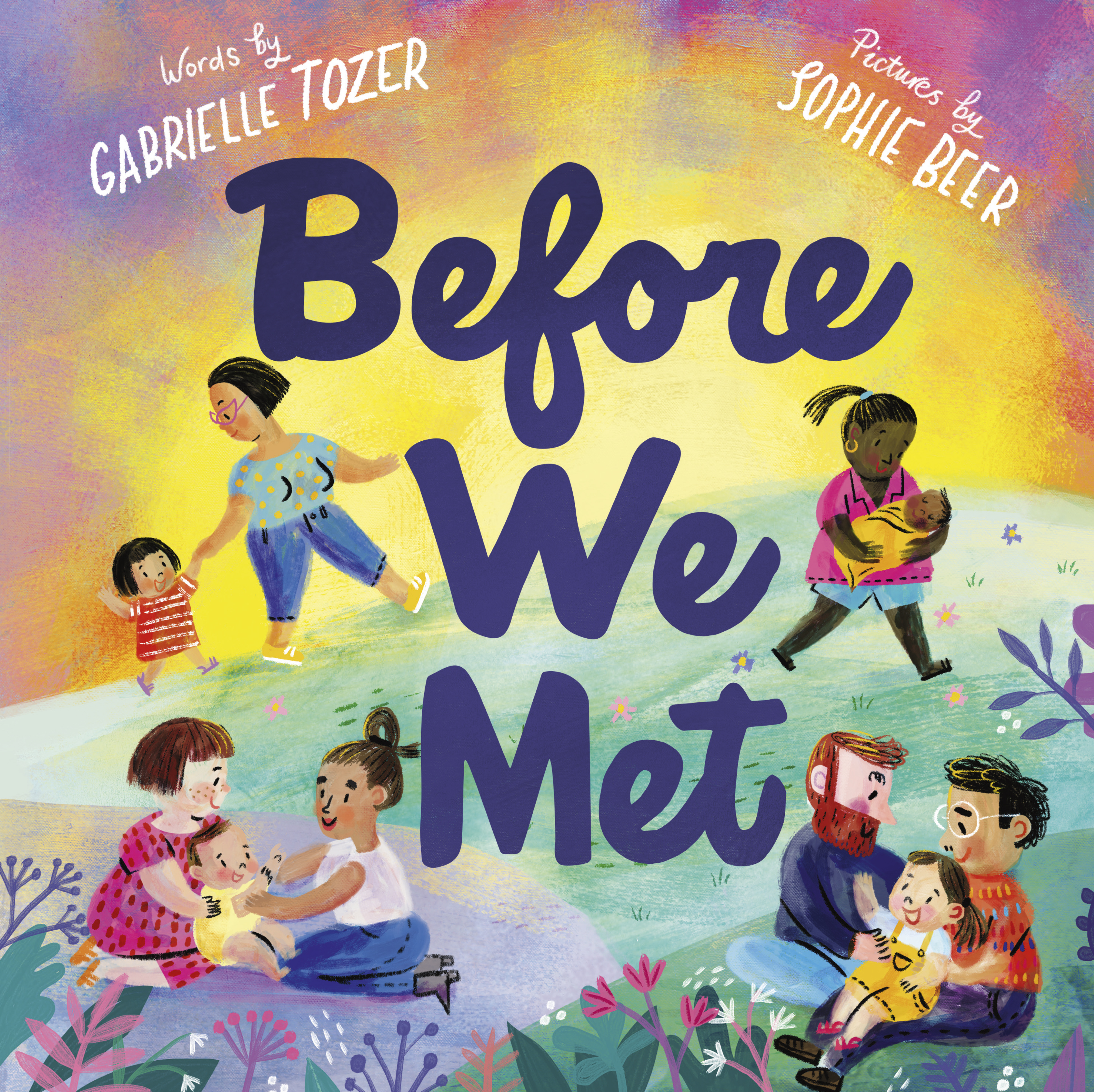 Book cover for "Before We Met" by Gabrielle Tozer, featuring figures on a hill against a pastel sunset sky.